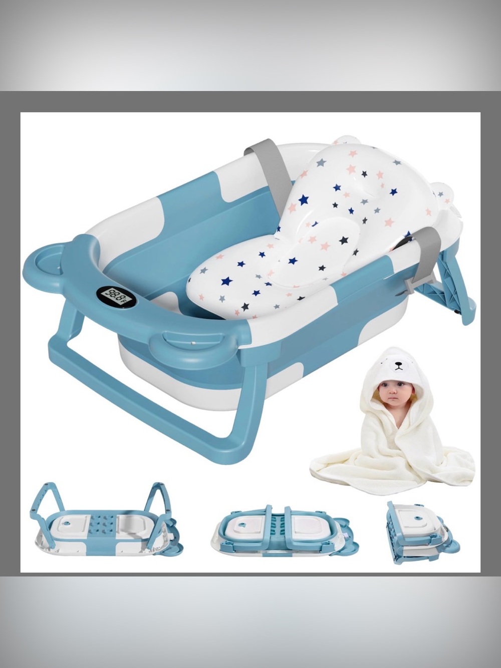 MoreFeel Collapsible Baby Bathtub For Newborn With Thermometer & 1 Hooded Towel